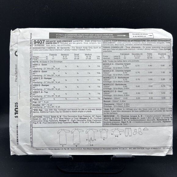 McCall's 9407 “Layette” (Weight from 7 Lbs-18 Lbs) Sewing Pattern Uncut FF - Picture 2 of 5